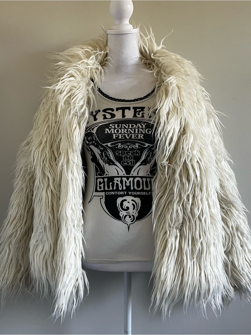 White Cream Faux Fur Coat